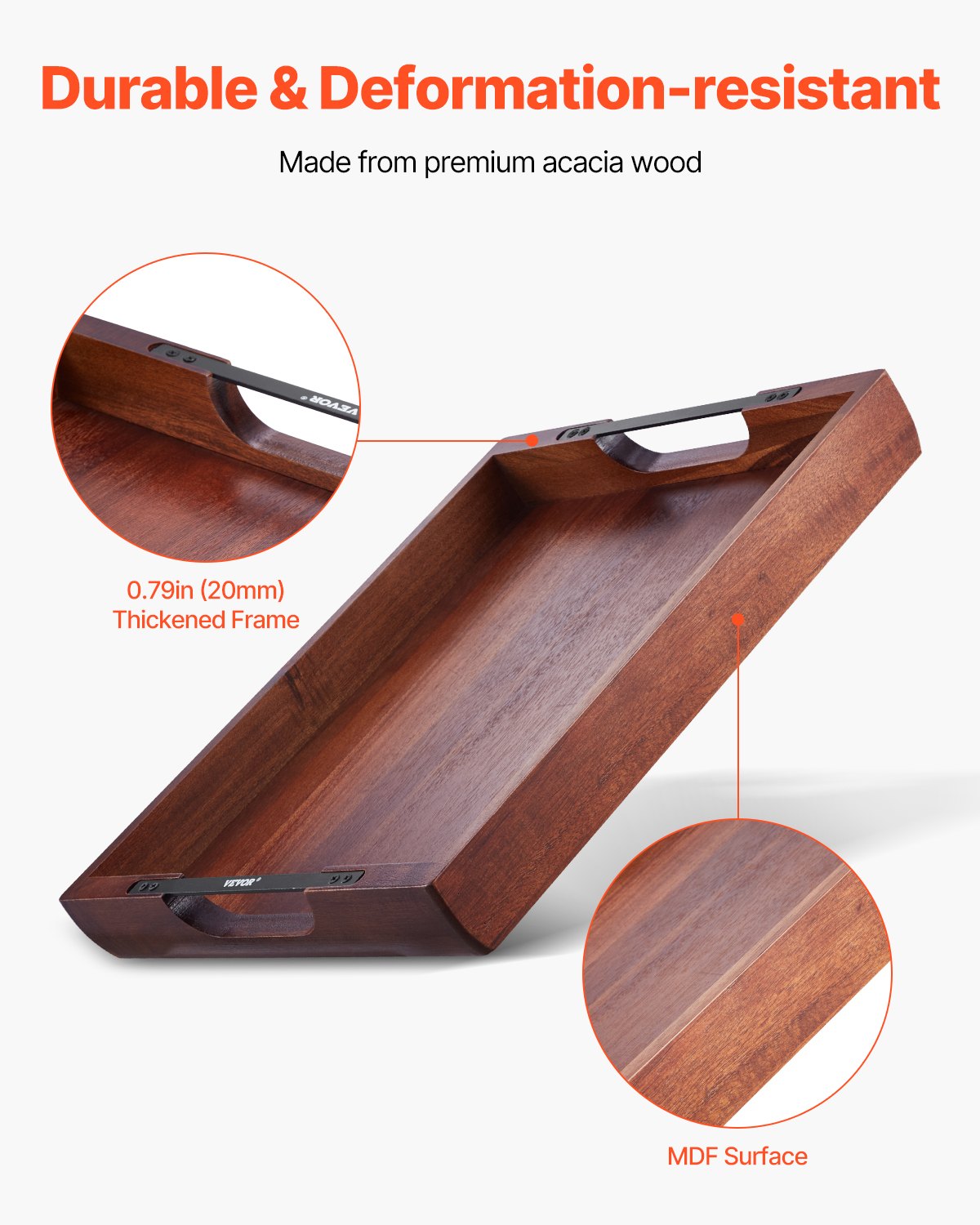 VEVOR Wood Serving Tray, Acacia Wooden Tray Board with Handles, Decorative Rustic Serving Trays Platter, Ideal for Breakfast in Bed, Lunch, Kitchen, Living Room, Ottoman, Coffee Table, Party, Couch