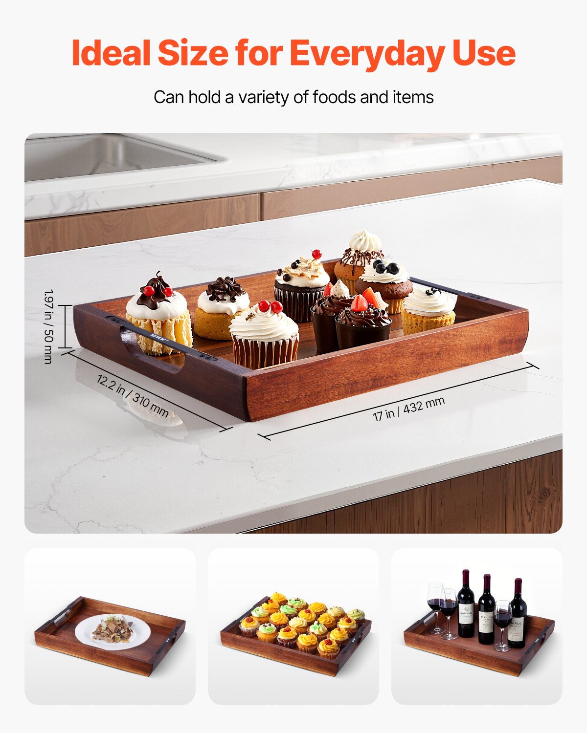 VEVOR Wood Serving Tray, Acacia Wooden Tray Board with Handles, Decorative Rustic Serving Trays Platter, Ideal for Breakfast in Bed, Lunch, Kitchen, Living Room, Ottoman, Coffee Table, Party, Couch