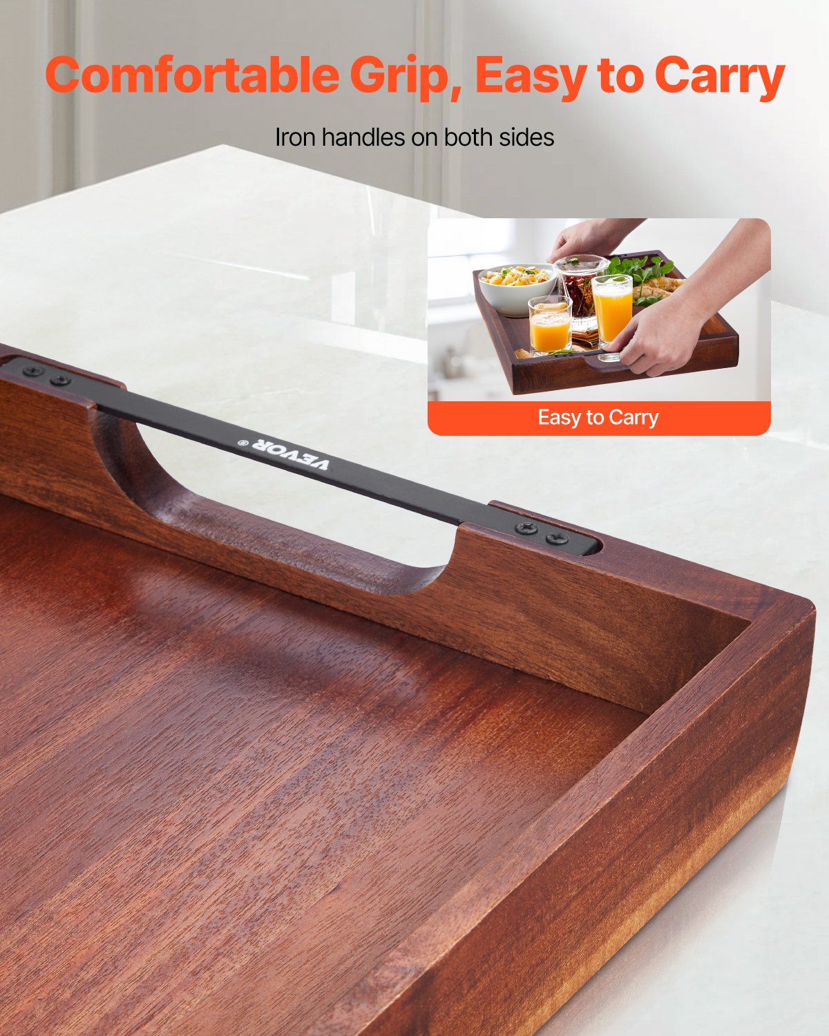 VEVOR Wood Serving Tray, Acacia Wooden Tray Board with Handles, Decorative Rustic Serving Trays Platter, Ideal for Breakfast in Bed, Lunch, Kitchen, Living Room, Ottoman, Coffee Table, Party, Couch