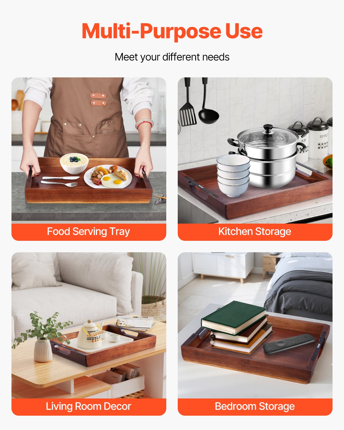 VEVOR Wood Serving Tray, Acacia Wooden Tray Board with Handles, Decorative Rustic Serving Trays Platter, Ideal for Breakfast in Bed, Lunch, Kitchen, Living Room, Ottoman, Coffee Table, Party, Couch
