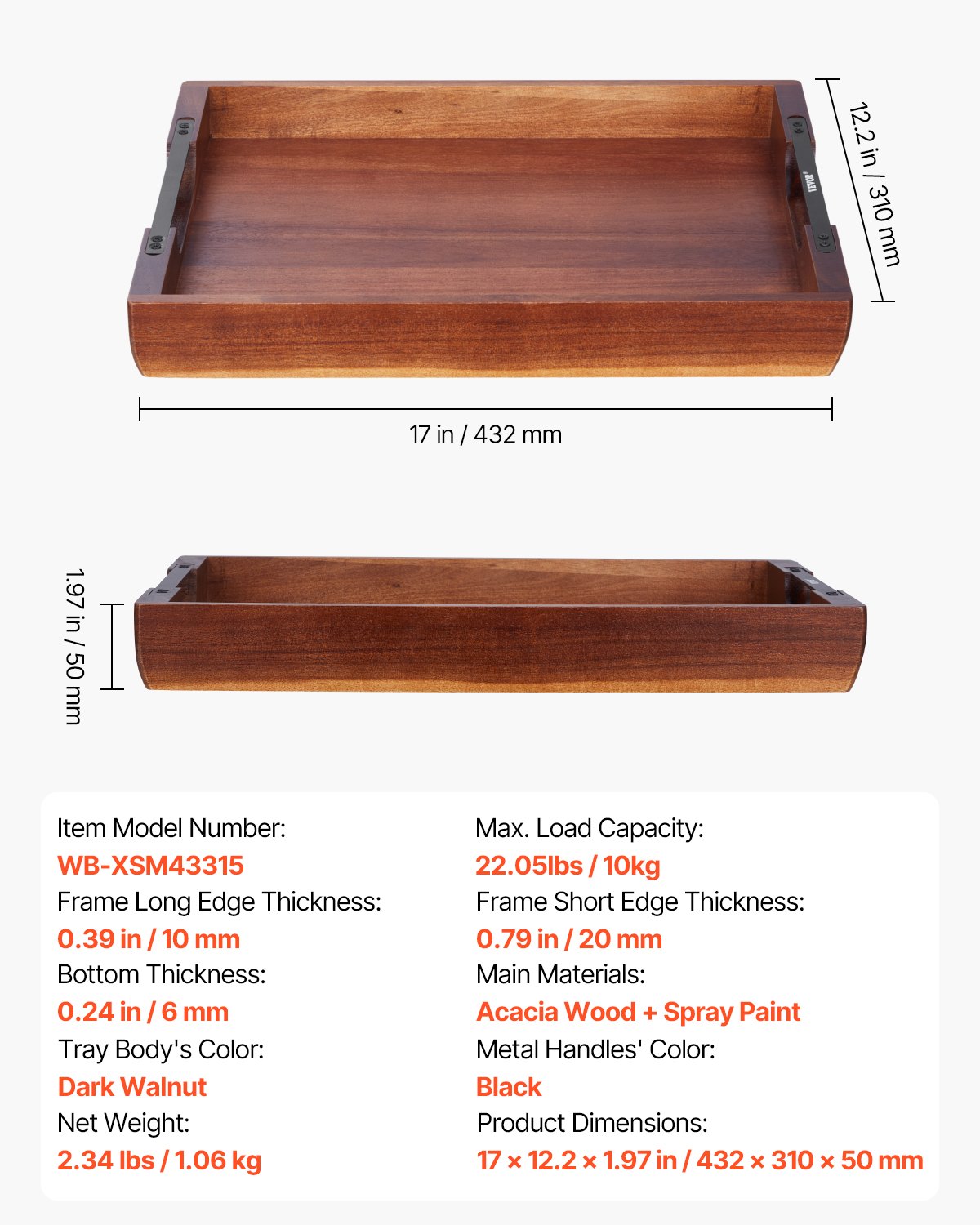 VEVOR Wood Serving Tray, Acacia Wooden Tray Board with Handles, Decorative Rustic Serving Trays Platter, Ideal for Breakfast in Bed, Lunch, Kitchen, Living Room, Ottoman, Coffee Table, Party, Couch