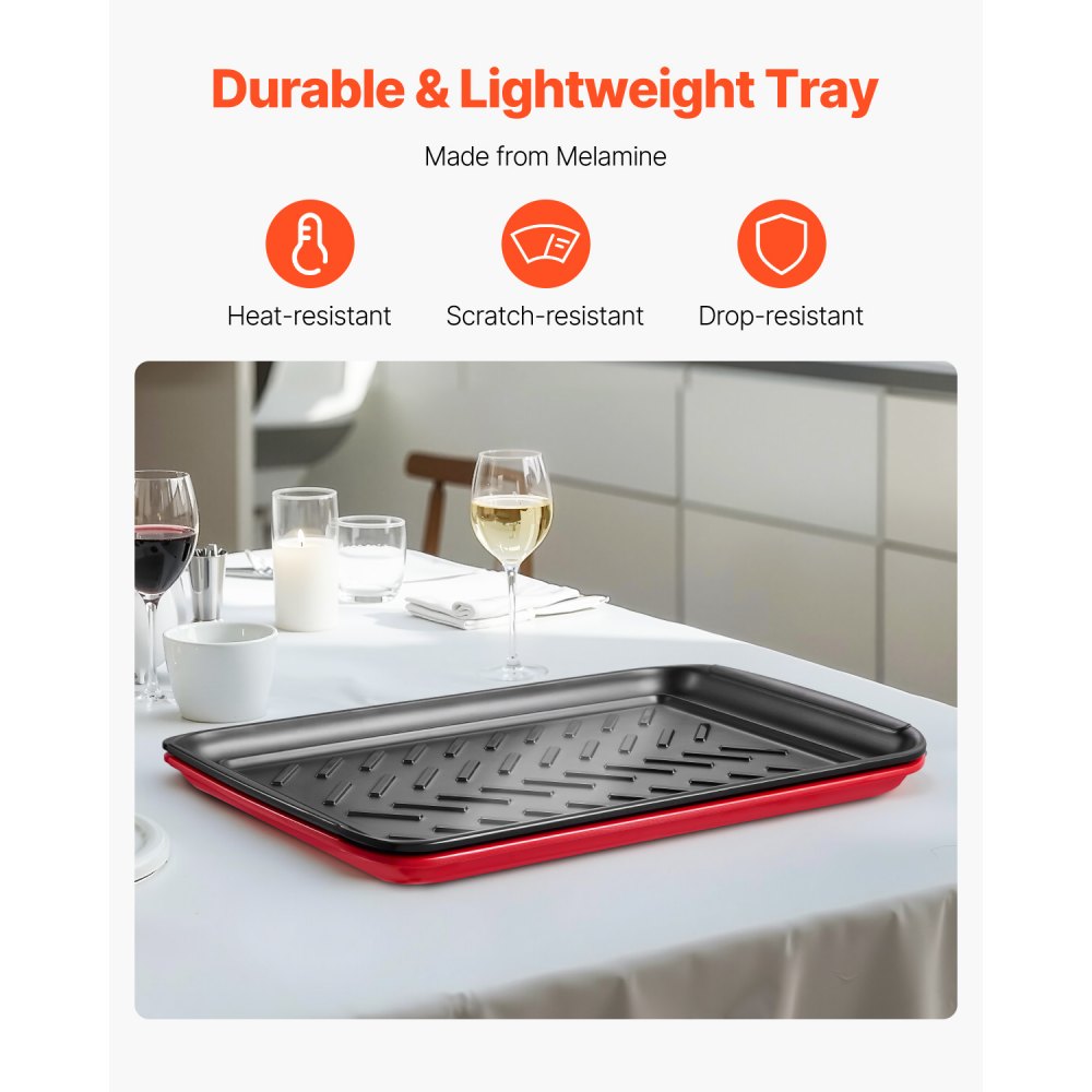 VEVOR Plastic Serving Trays, 2-Pack Grilling Prep and Serve Trays with Handles , 17x10.35 Inch Anti-Slip Melamine Food Tray, Ideal for BBQ, Kitchen, Cafeteria, Ottoman, Coffee Table, Black and Red