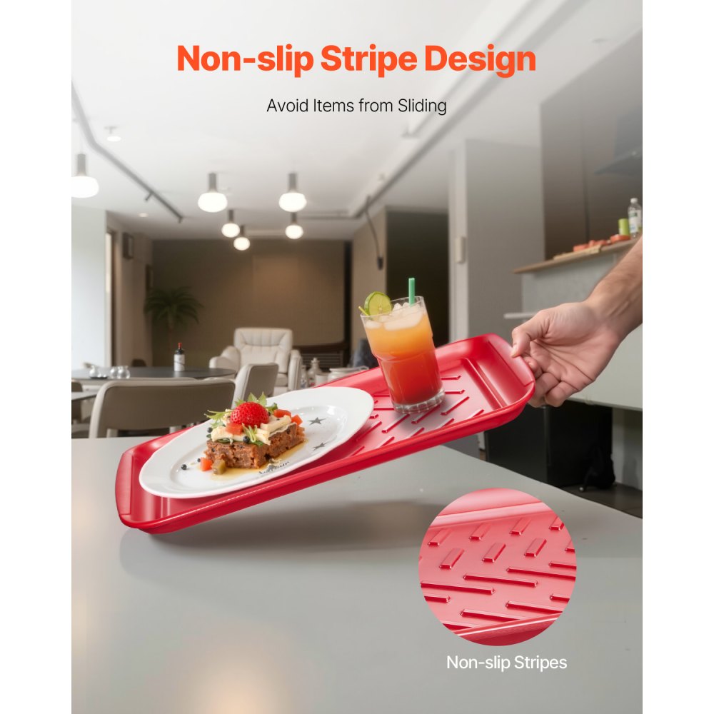 VEVOR Plastic Serving Trays, 2-Pack Grilling Prep and Serve Trays with Handles , 17x10.35 Inch Anti-Slip Melamine Food Tray, Ideal for BBQ, Kitchen, Cafeteria, Ottoman, Coffee Table, Black and Red