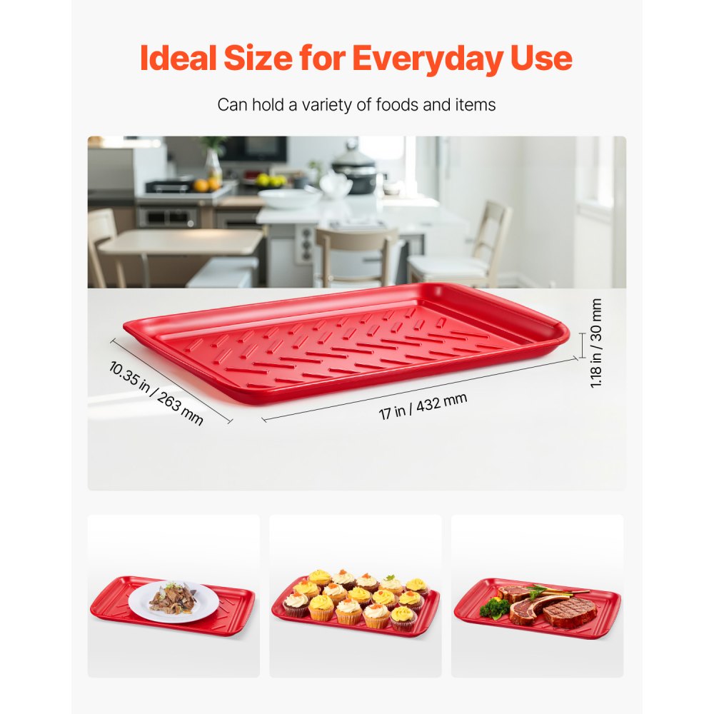 VEVOR Plastic Serving Trays, 2-Pack Grilling Prep and Serve Trays with Handles , 17x10.35 Inch Anti-Slip Melamine Food Tray, Ideal for BBQ, Kitchen, Cafeteria, Ottoman, Coffee Table, Black and Red