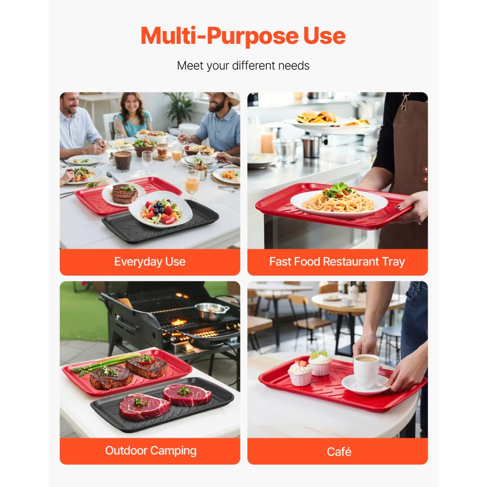 VEVOR Plastic Serving Trays, 2-Pack Grilling Prep and Serve Trays with Handles , 17x10.35 Inch Anti-Slip Melamine Food Tray, Ideal for BBQ, Kitchen, Cafeteria, Ottoman, Coffee Table, Black and Red