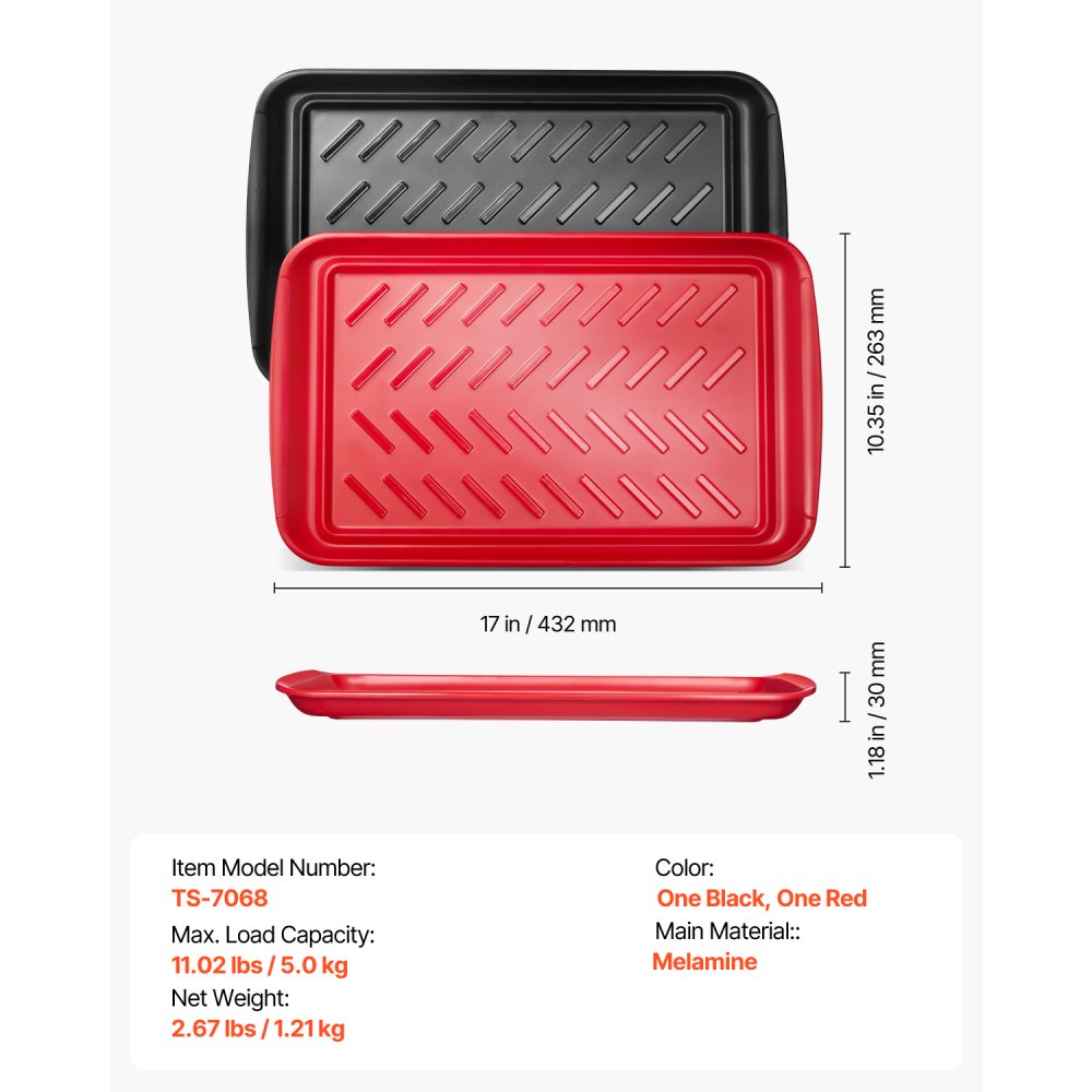 VEVOR Plastic Serving Trays, 2-Pack Grilling Prep and Serve Trays with Handles , 17x10.35 Inch Anti-Slip Melamine Food Tray, Ideal for BBQ, Kitchen, Cafeteria, Ottoman, Coffee Table, Black and Red