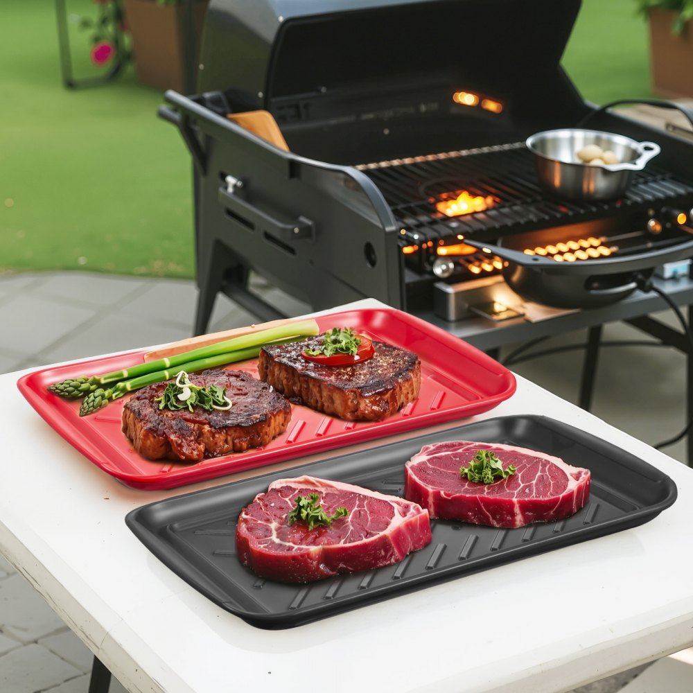 VEVOR Plastic Serving Trays, 2-Pack Grilling Prep and Serve Trays with Handles , 17x10.35 Inch Anti-Slip Melamine Food Tray, Ideal for BBQ, Kitchen, Cafeteria, Ottoman, Coffee Table, Black and Red