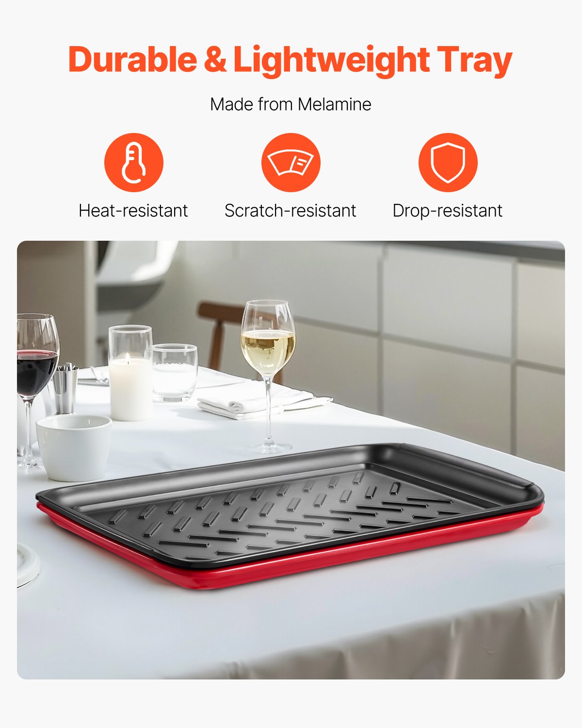 VEVOR Plastic Serving Trays, 2-Pack Grilling Prep and Serve Trays with Handles , 17x10.35 Inch Anti-Slip Melamine Food Tray, Ideal for BBQ, Kitchen, Cafeteria, Ottoman, Coffee Table, Black and Red