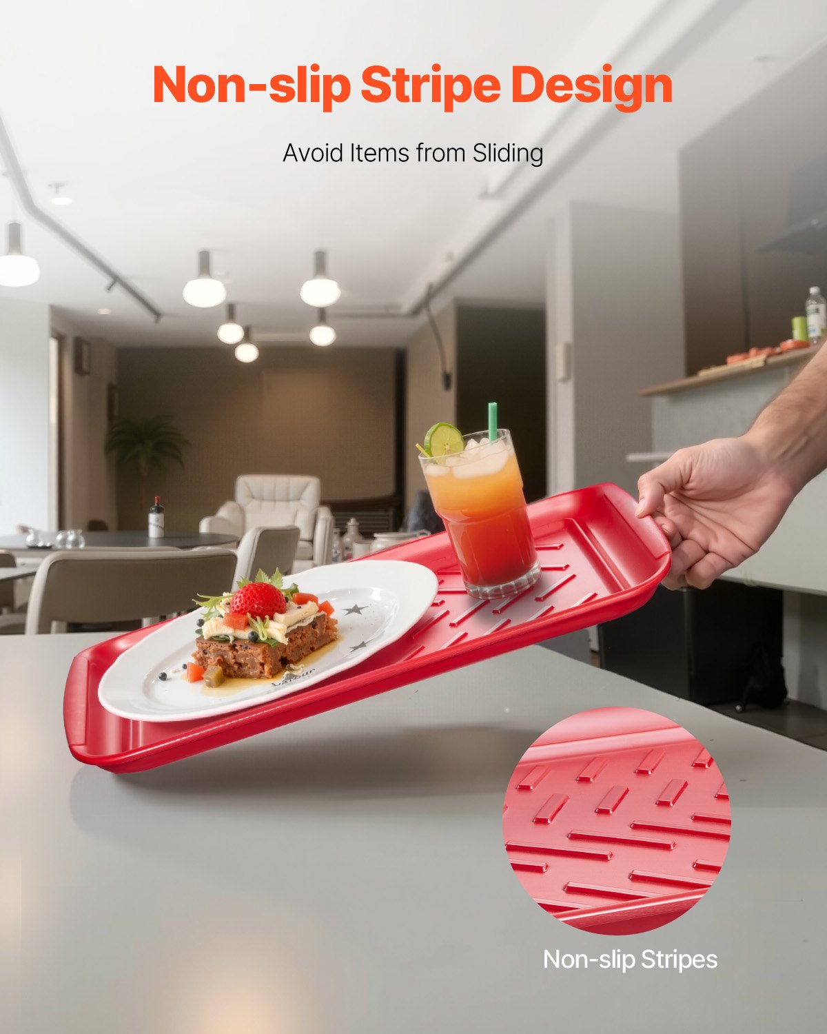 VEVOR Plastic Serving Trays, 2-Pack Grilling Prep and Serve Trays with Handles , 17x10.35 Inch Anti-Slip Melamine Food Tray, Ideal for BBQ, Kitchen, Cafeteria, Ottoman, Coffee Table, Black and Red