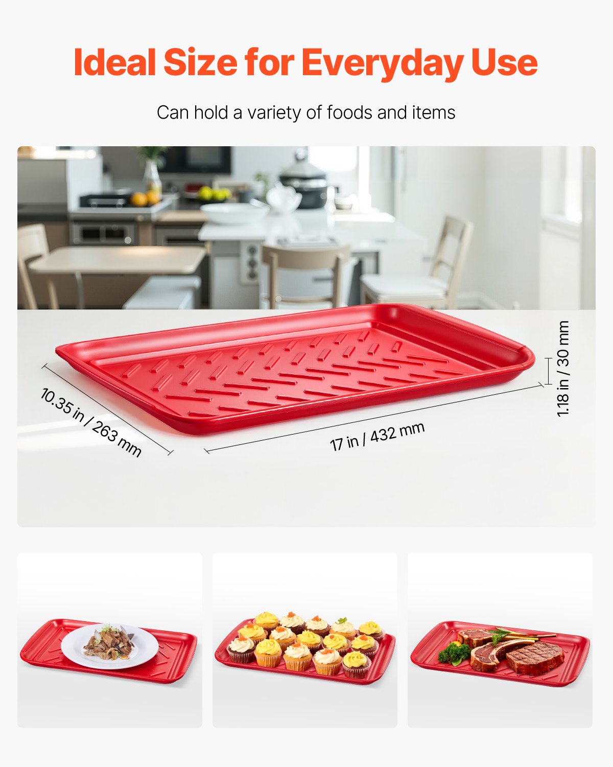 VEVOR Plastic Serving Trays, 2-Pack Grilling Prep and Serve Trays with Handles , 17x10.35 Inch Anti-Slip Melamine Food Tray, Ideal for BBQ, Kitchen, Cafeteria, Ottoman, Coffee Table, Black and Red