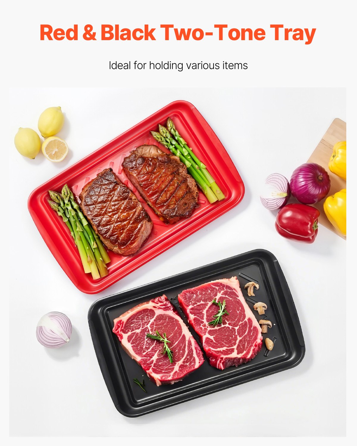 VEVOR Plastic Serving Trays, 2-Pack Grilling Prep and Serve Trays with Handles , 17x10.35 Inch Anti-Slip Melamine Food Tray, Ideal for BBQ, Kitchen, Cafeteria, Ottoman, Coffee Table, Black and Red
