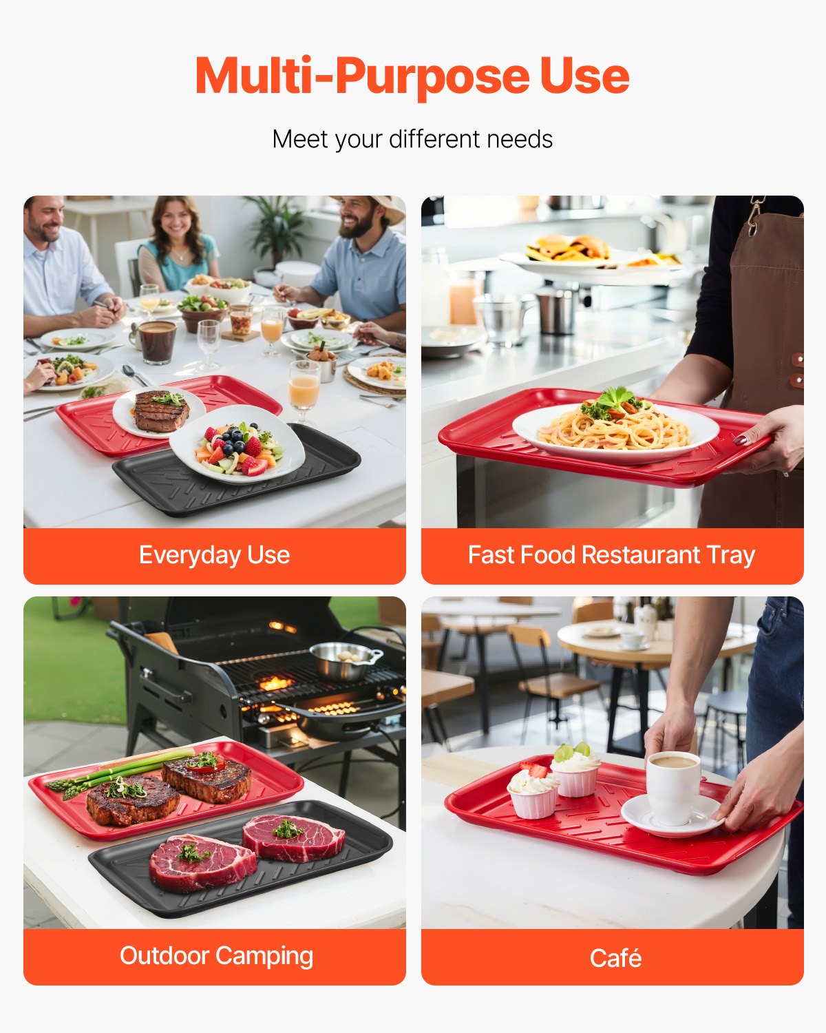 VEVOR Plastic Serving Trays, 2-Pack Grilling Prep and Serve Trays with Handles , 17x10.35 Inch Anti-Slip Melamine Food Tray, Ideal for BBQ, Kitchen, Cafeteria, Ottoman, Coffee Table, Black and Red