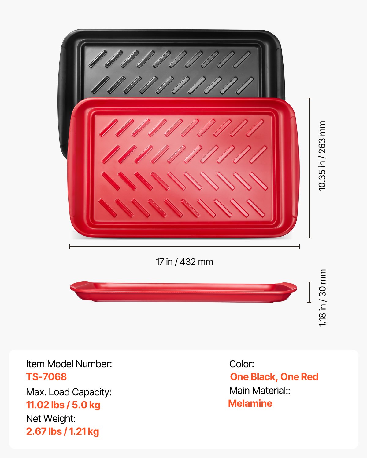 VEVOR Plastic Serving Trays, 2-Pack Grilling Prep and Serve Trays with Handles , 17x10.35 Inch Anti-Slip Melamine Food Tray, Ideal for BBQ, Kitchen, Cafeteria, Ottoman, Coffee Table, Black and Red