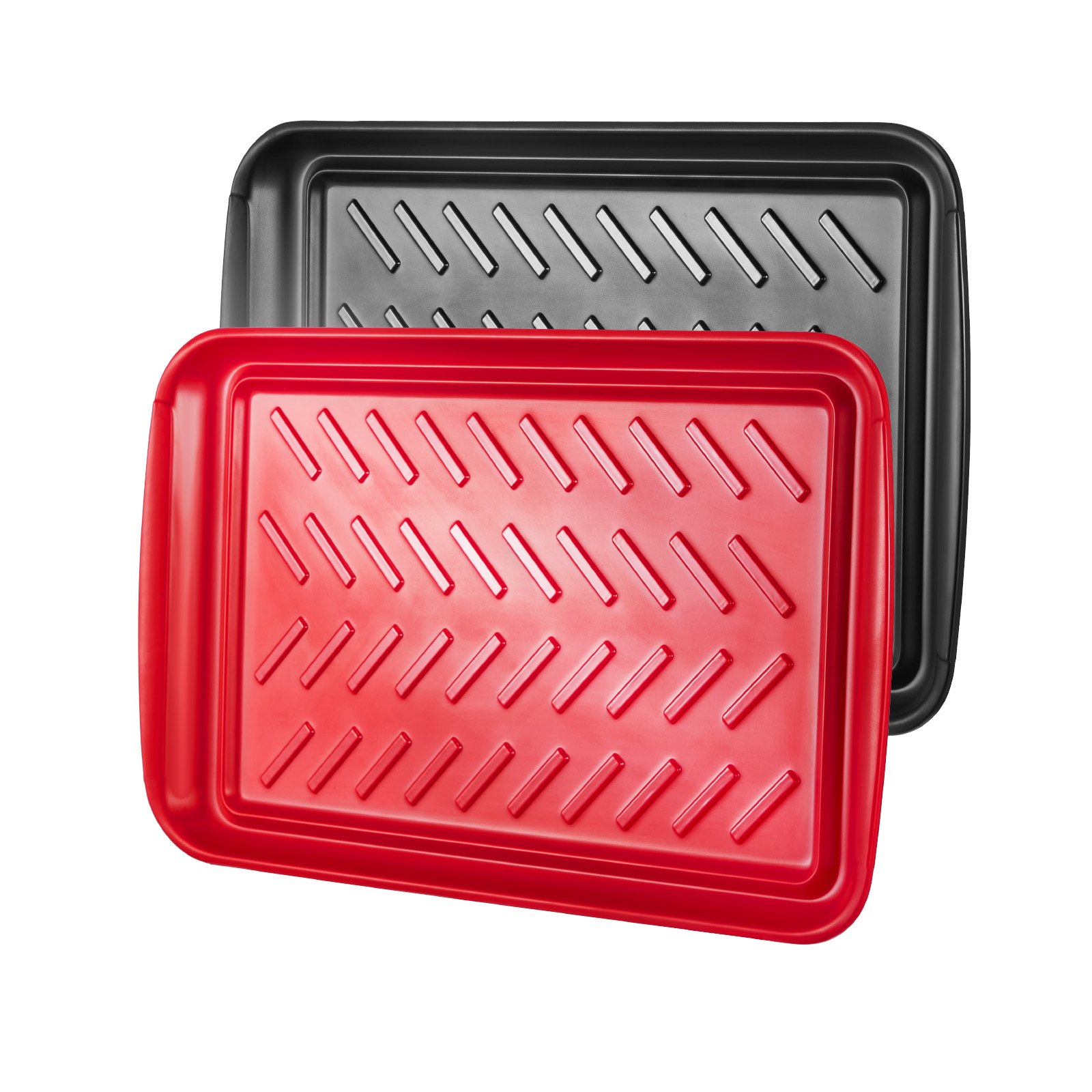 VEVOR Plastic Serving Trays, 2-Pack Grilling Prep and Serve Trays with Handles , 17x10.35 Inch Anti-Slip Melamine Food Tray, Ideal for BBQ, Kitchen, Cafeteria, Ottoman, Coffee Table, Black and Red