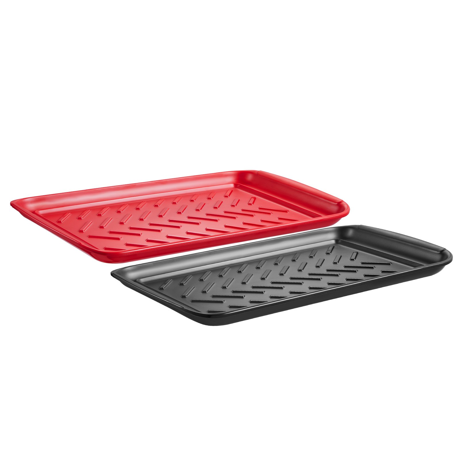 VEVOR Plastic Serving Trays, 2-Pack Grilling Prep and Serve Trays with Handles , 17x10.35 Inch Anti-Slip Melamine Food Tray, Ideal for BBQ, Kitchen, Cafeteria, Ottoman, Coffee Table, Black and Red