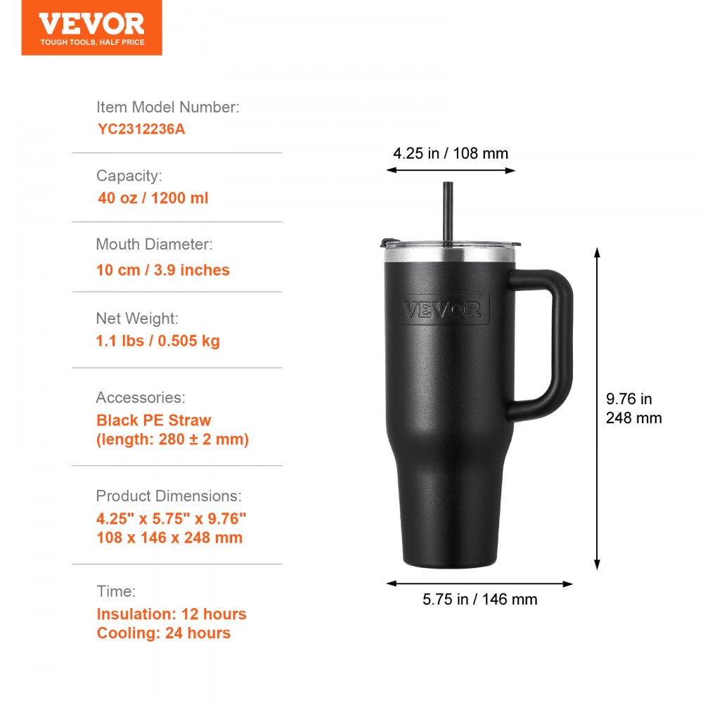 Botella de agua aislada de 40 oz, taza de café de acero inoxidable, portátil, color negro