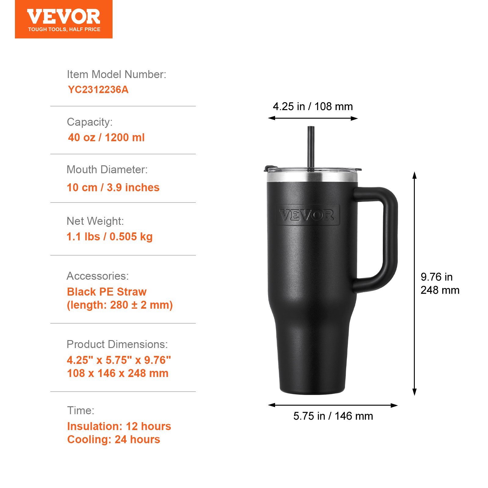 Botella de agua aislada de 40 oz, taza de café de acero inoxidable, portátil, color negro