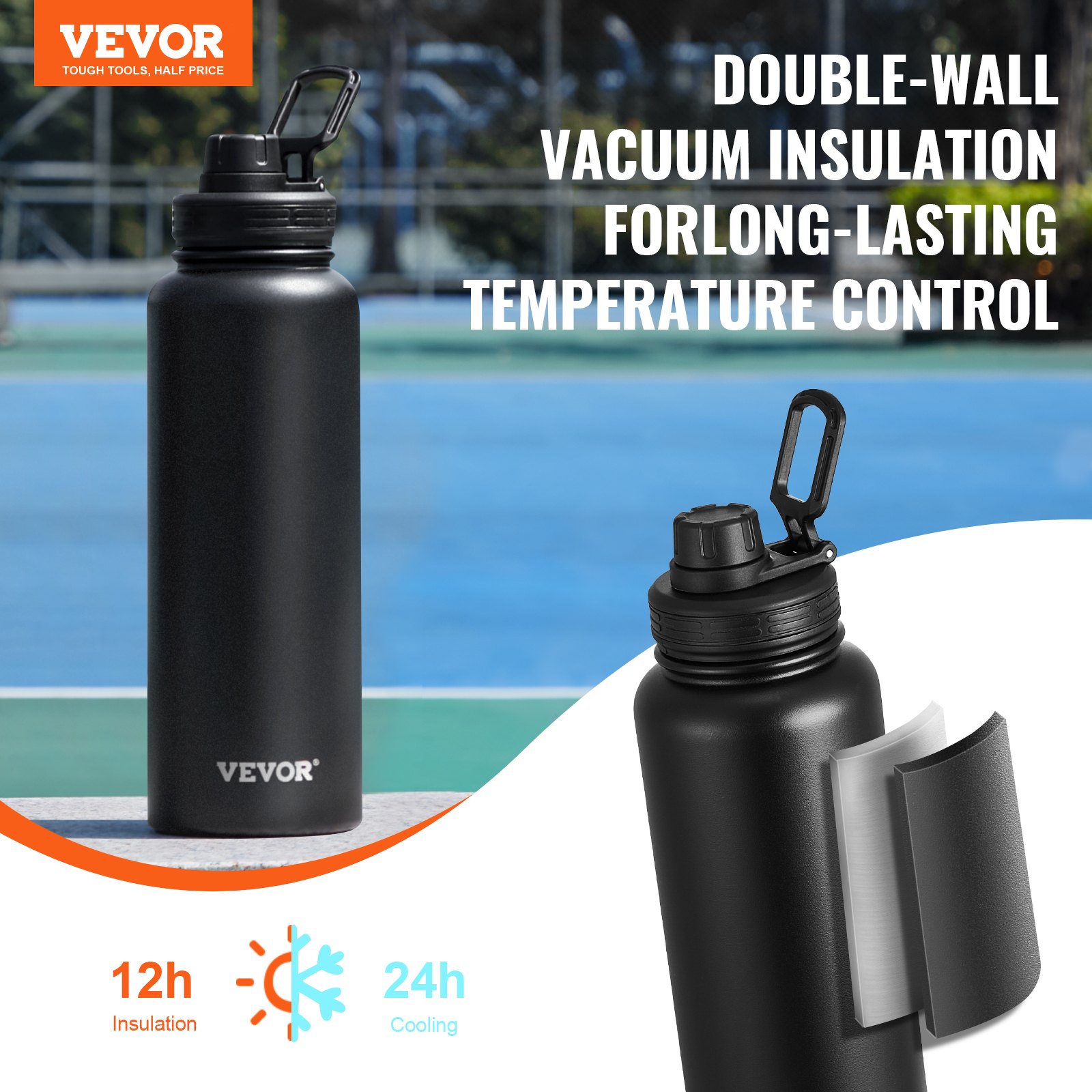 VEVOR 40 oz Insulated Water Bottle, Stainless Steel Camping & Hiking Hydration Flask with Wide Mouth Lid, Sports Coffee Cup Double Walled, Leakproof, for Indoor/Outdoor Use, FDA Listed,Black