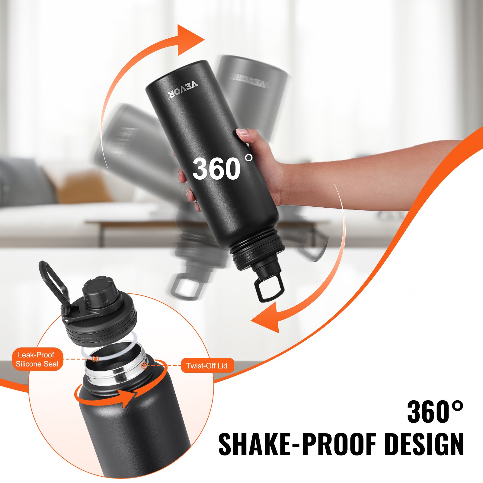 VEVOR 40 oz Insulated Water Bottle, Stainless Steel Camping & Hiking Hydration Flask with Wide Mouth Lid, Sports Coffee Cup Double Walled, Leakproof, for Indoor/Outdoor Use, FDA Listed,Black