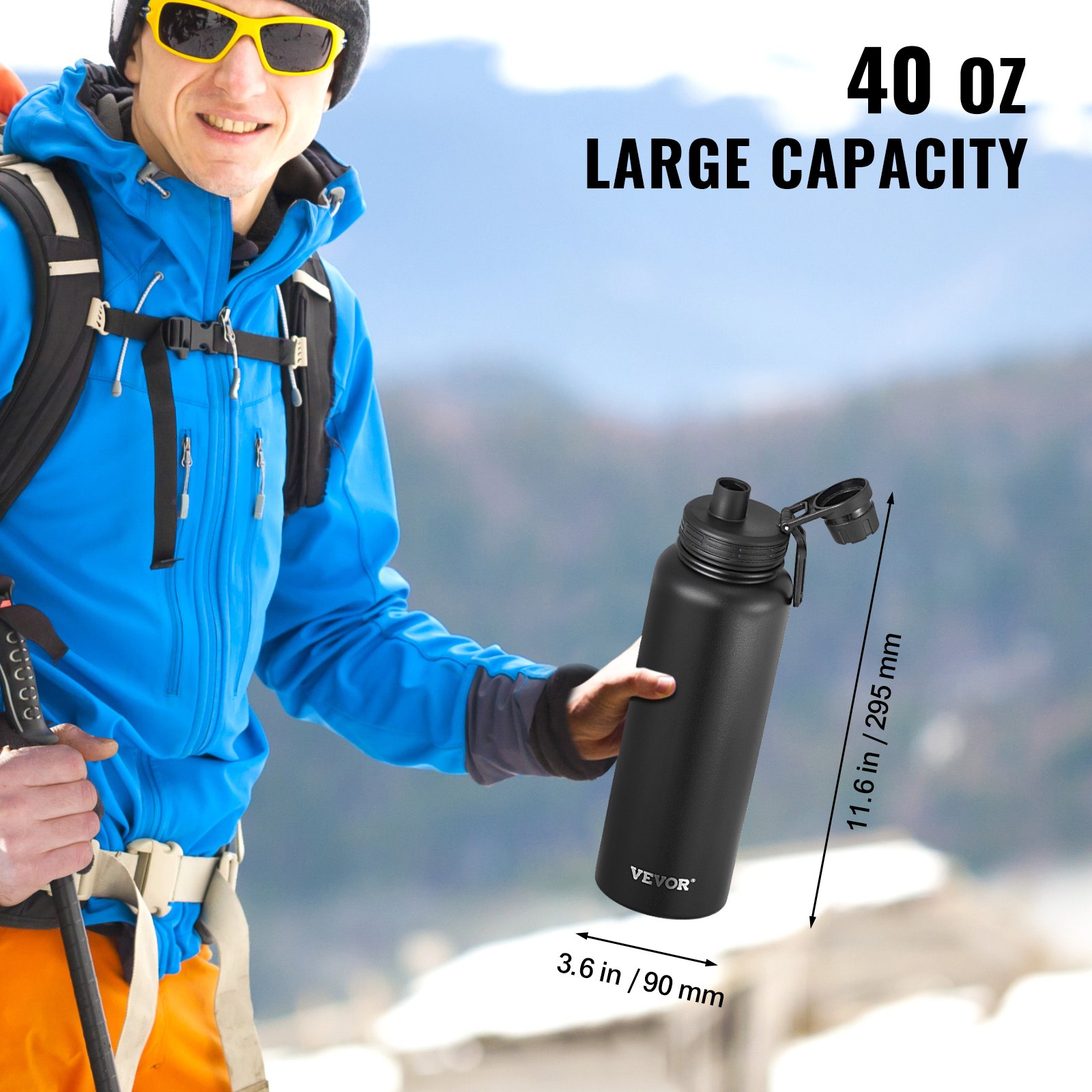 VEVOR 40 oz Insulated Water Bottle, Stainless Steel Camping & Hiking Hydration Flask with Wide Mouth Lid, Sports Coffee Cup Double Walled, Leakproof, for Indoor/Outdoor Use, FDA Listed,Black