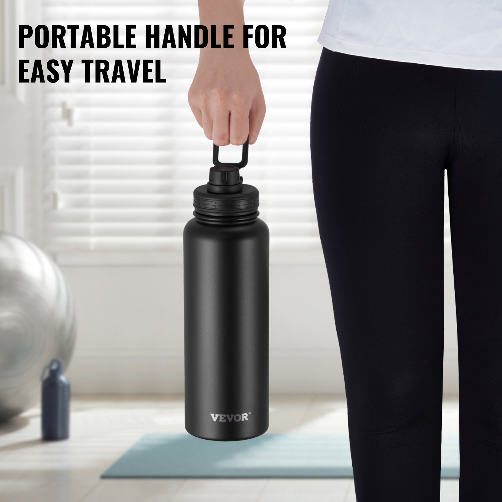 VEVOR 40 oz Insulated Water Bottle, Stainless Steel Camping & Hiking Hydration Flask with Wide Mouth Lid, Sports Coffee Cup Double Walled, Leakproof, for Indoor/Outdoor Use, FDA Listed,Black