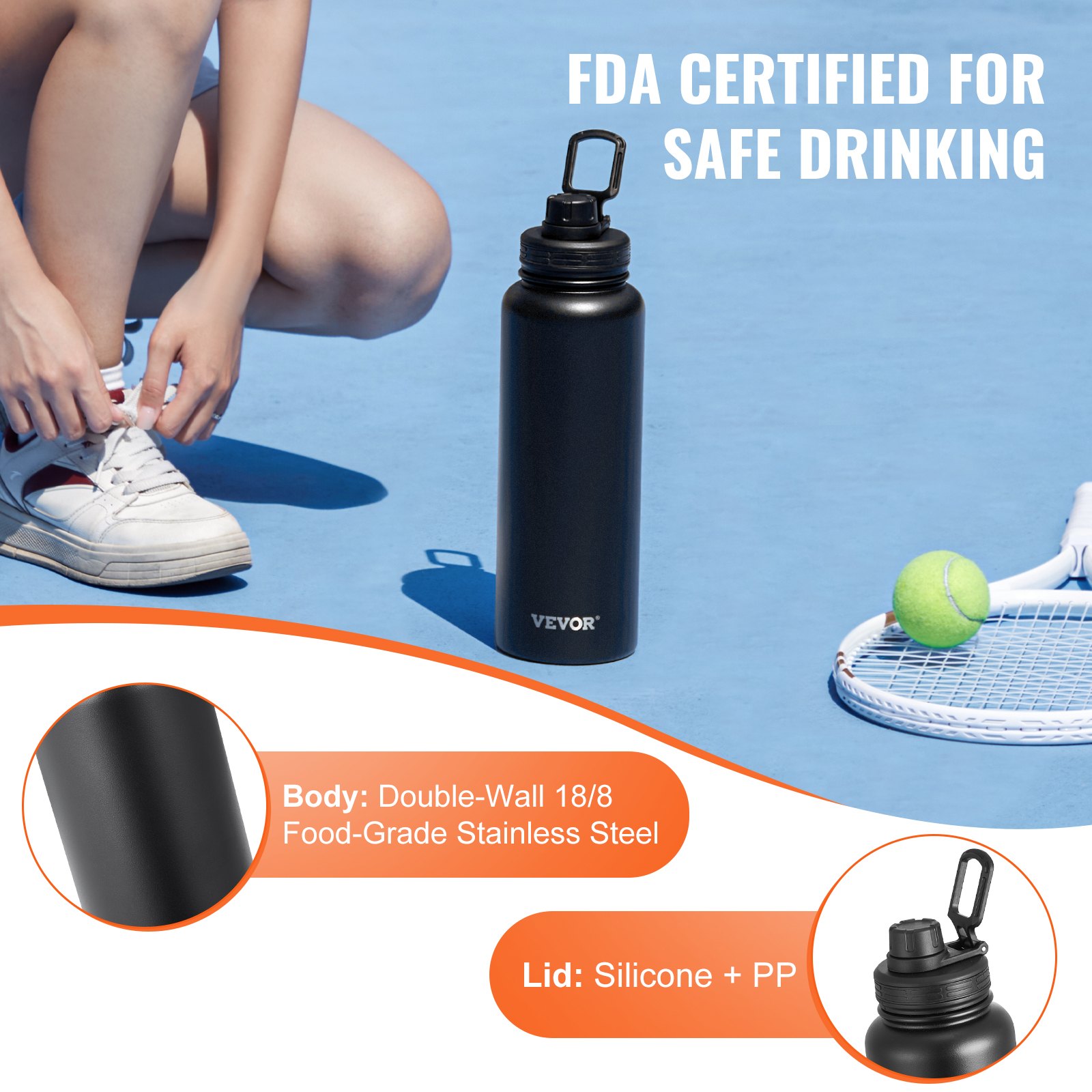 VEVOR 40 oz Insulated Water Bottle, Stainless Steel Camping & Hiking Hydration Flask with Wide Mouth Lid, Sports Coffee Cup Double Walled, Leakproof, for Indoor/Outdoor Use, FDA Listed,Black