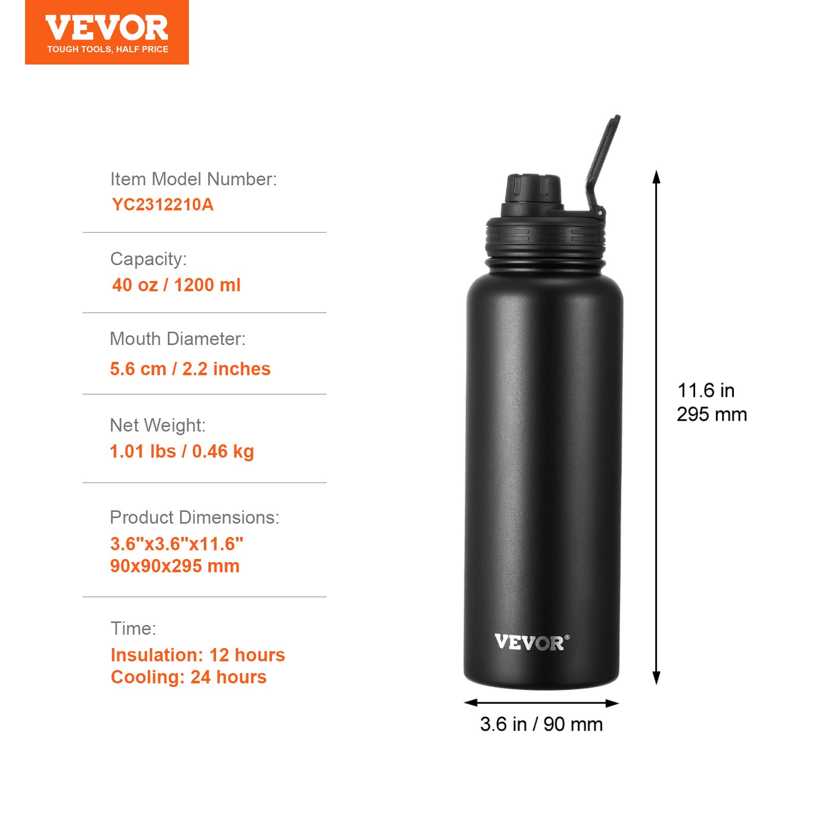 VEVOR 40 oz Insulated Water Bottle, Stainless Steel Camping & Hiking Hydration Flask with Wide Mouth Lid, Sports Coffee Cup Double Walled, Leakproof, for Indoor/Outdoor Use, FDA Listed,Black
