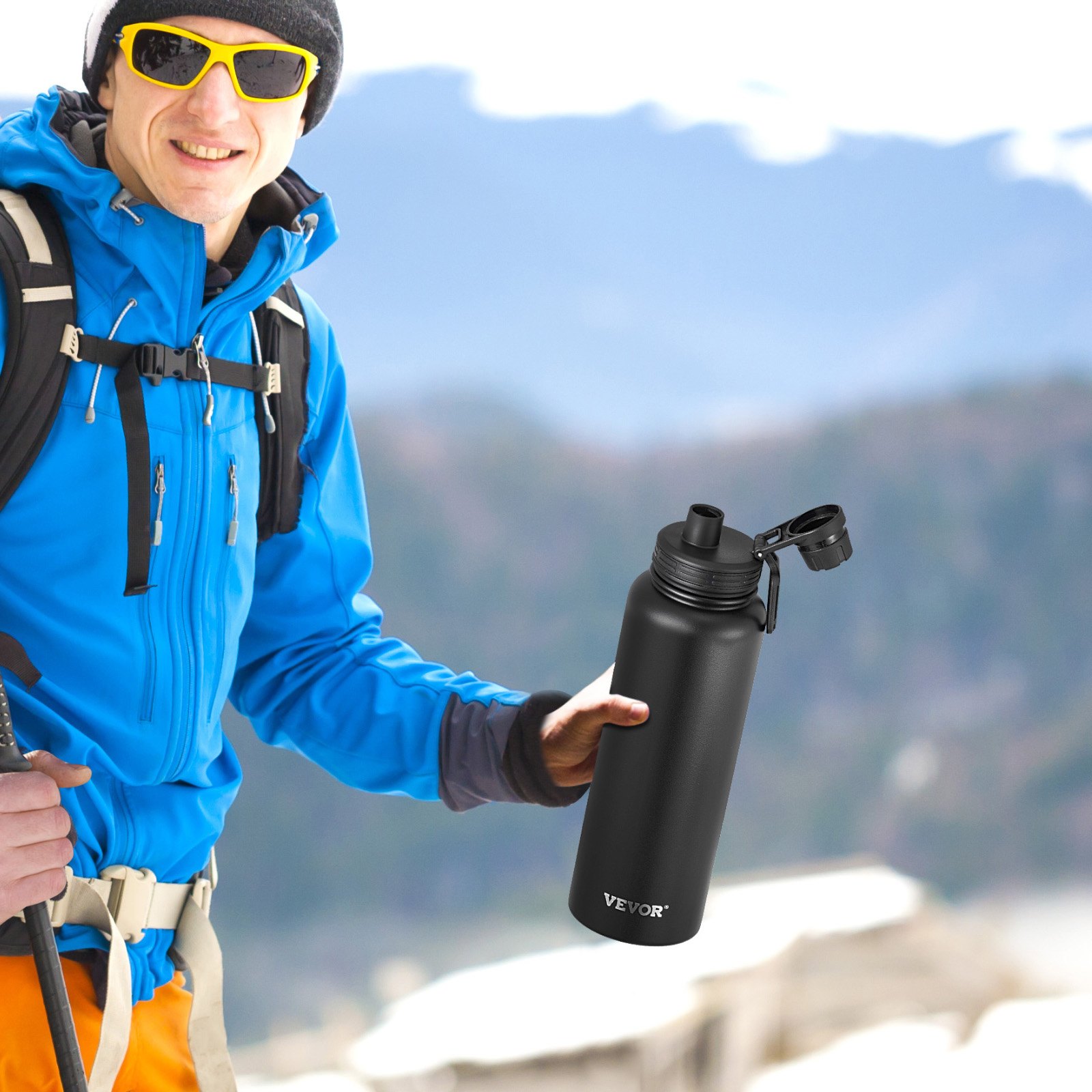 VEVOR 40 oz Insulated Water Bottle, Stainless Steel Camping & Hiking Hydration Flask with Wide Mouth Lid, Sports Coffee Cup Double Walled, Leakproof, for Indoor/Outdoor Use, FDA Listed,Black