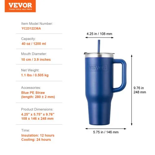 VEVOR 40 oz Insulated Water Bottle Stainless Steel Coffee Cup Handheld Blue