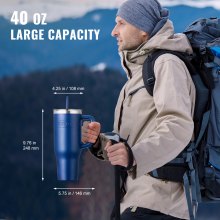 40 oz Insulated Water Bottle Stainless Steel Coffee Cup Handheld Blue