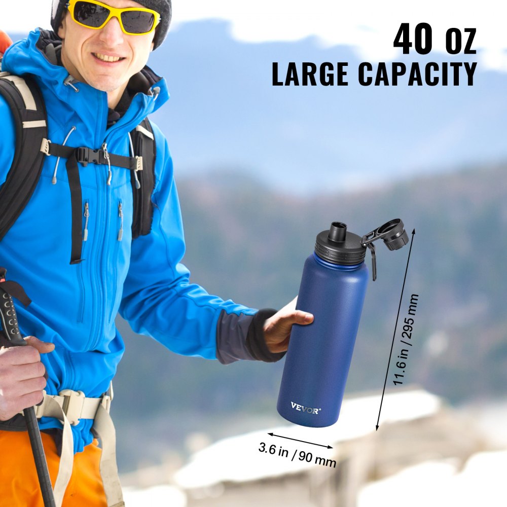VEVOR 40 oz Insulated Water Bottle, Stainless Steel Camping & Hiking Hydration Flask with Wide Mouth Lid, Sports Coffee Cup Double Walled, Leakproof, for Indoor/Outdoor Use, FDA Listed,Blue