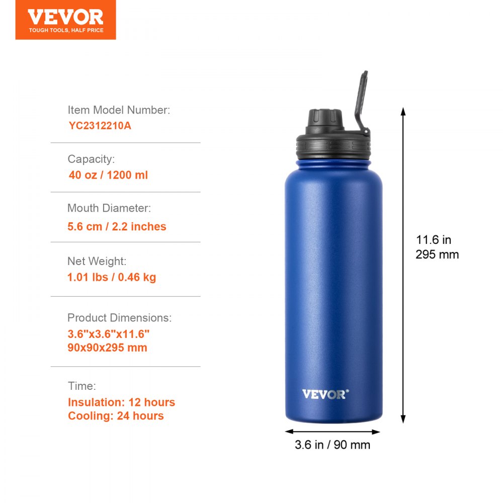 VEVOR 40 oz Insulated Water Bottle, Stainless Steel Camping & Hiking Hydration Flask with Wide Mouth Lid, Sports Coffee Cup Double Walled, Leakproof, for Indoor/Outdoor Use, FDA Listed,Blue