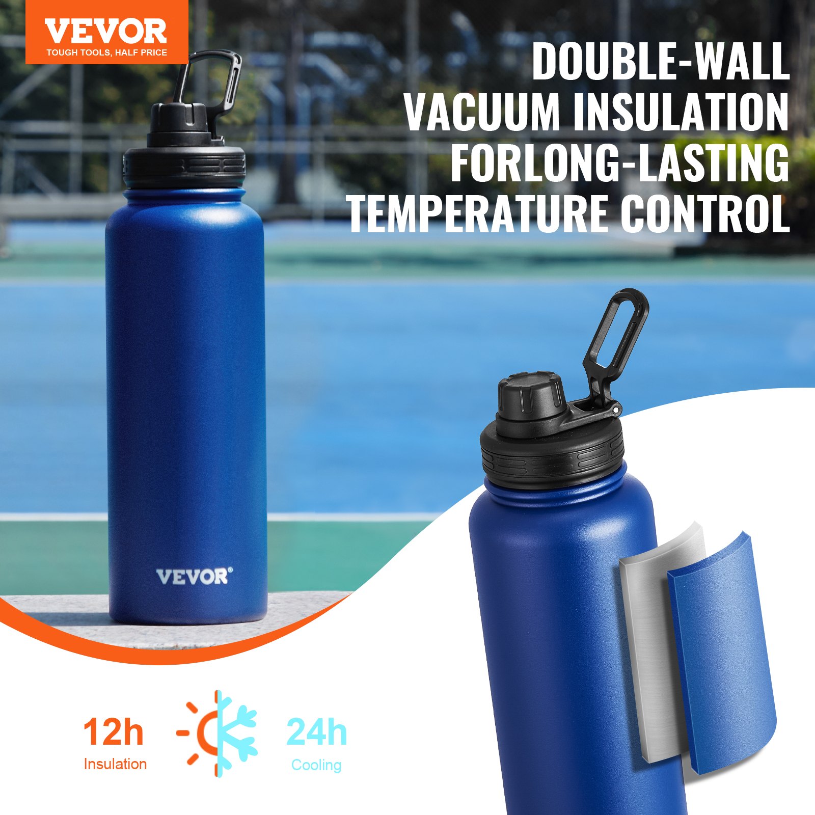 VEVOR 40 oz Insulated Water Bottle, Stainless Steel Camping & Hiking Hydration Flask with Wide Mouth Lid, Sports Coffee Cup Double Walled, Leakproof, for Indoor/Outdoor Use, FDA Listed,Blue
