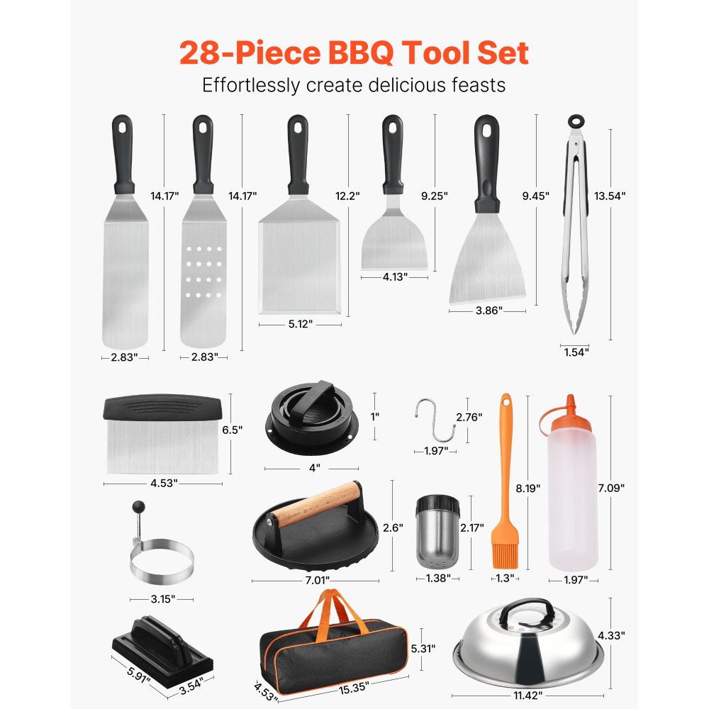 VEVOR 28PCS Griddle Accessories Kit, Flat Top Grill Accessory, Enlarged Spatula Gift Set, Stainless Steel Grilling Tools with Basting Cover, Tong, Burger Press, Carry Bag, for Outdoor BBQ Teppanyaki