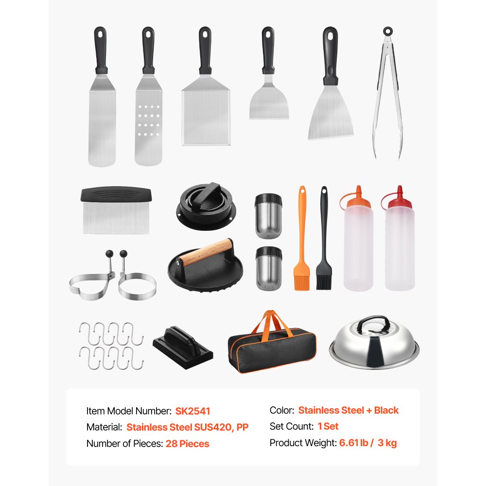 VEVOR 28PCS Griddle Accessories Kit, Flat Top Grill Accessory, Enlarged Spatula Gift Set, Stainless Steel Grilling Tools with Basting Cover, Tong, Burger Press, Carry Bag, for Outdoor BBQ Teppanyaki
