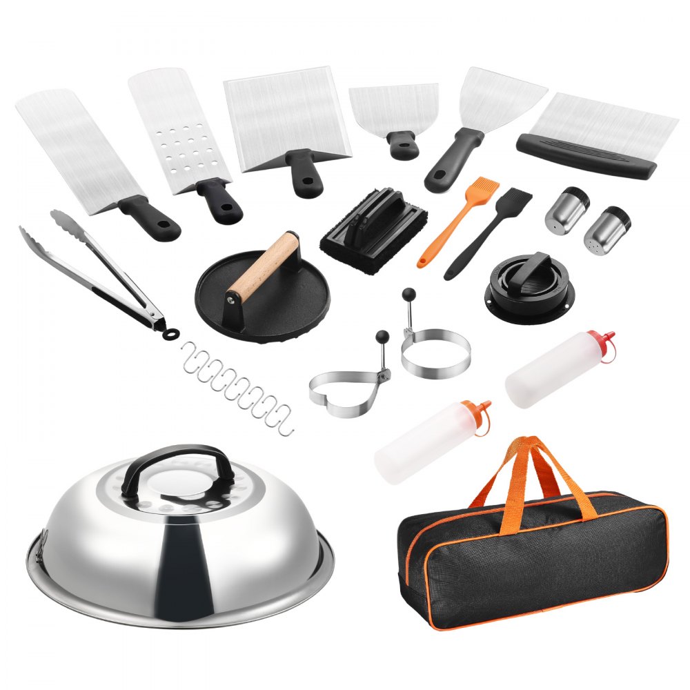 VEVOR 28PCS Griddle Accessories Kit, Flat Top Grill Accessory, Enlarged Spatula Gift Set, Stainless Steel Grilling Tools with Basting Cover, Tong, Burger Press, Carry Bag, for Outdoor BBQ Teppanyaki