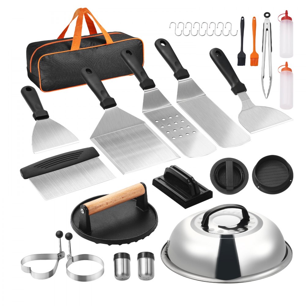 VEVOR 28PCS Griddle Accessories Kit, Flat Top Grill Accessory, Enlarged Spatula Gift Set, Stainless Steel Grilling Tools with Basting Cover, Tong, Burger Press, Carry Bag, for Outdoor BBQ Teppanyaki