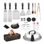 VEVOR - Kit de accesorios para plancha (28 piezas), accesorio para parrilla plana, juego de regalo con espátula ampliada, herramientas de acero inoxidable para asar con tapa, pinzas, prensa para hamburguesas y bolsa de transporte, para barbacoa al aire libre, teppanyaki