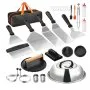 VEVOR - Kit de accesorios para plancha (28 piezas), accesorio para parrilla plana, juego de regalo con espátula ampliada, herramientas de acero inoxidable para asar con tapa, pinzas, prensa para hamburguesas y bolsa de transporte, para barbacoa al aire libre, teppanyaki