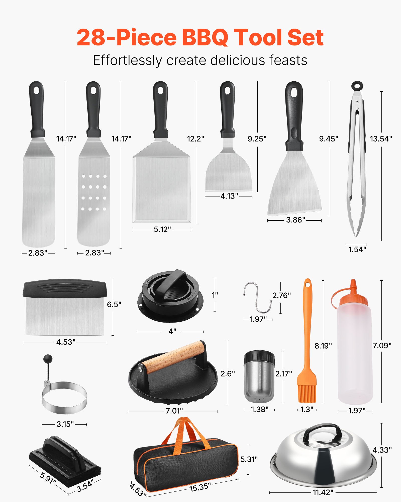 VEVOR 28PCS Griddle Accessories Kit, Flat Top Grill Accessory, Enlarged Spatula Gift Set, Stainless Steel Grilling Tools with Basting Cover, Tong, Burger Press, Carry Bag, for Outdoor BBQ Teppanyaki