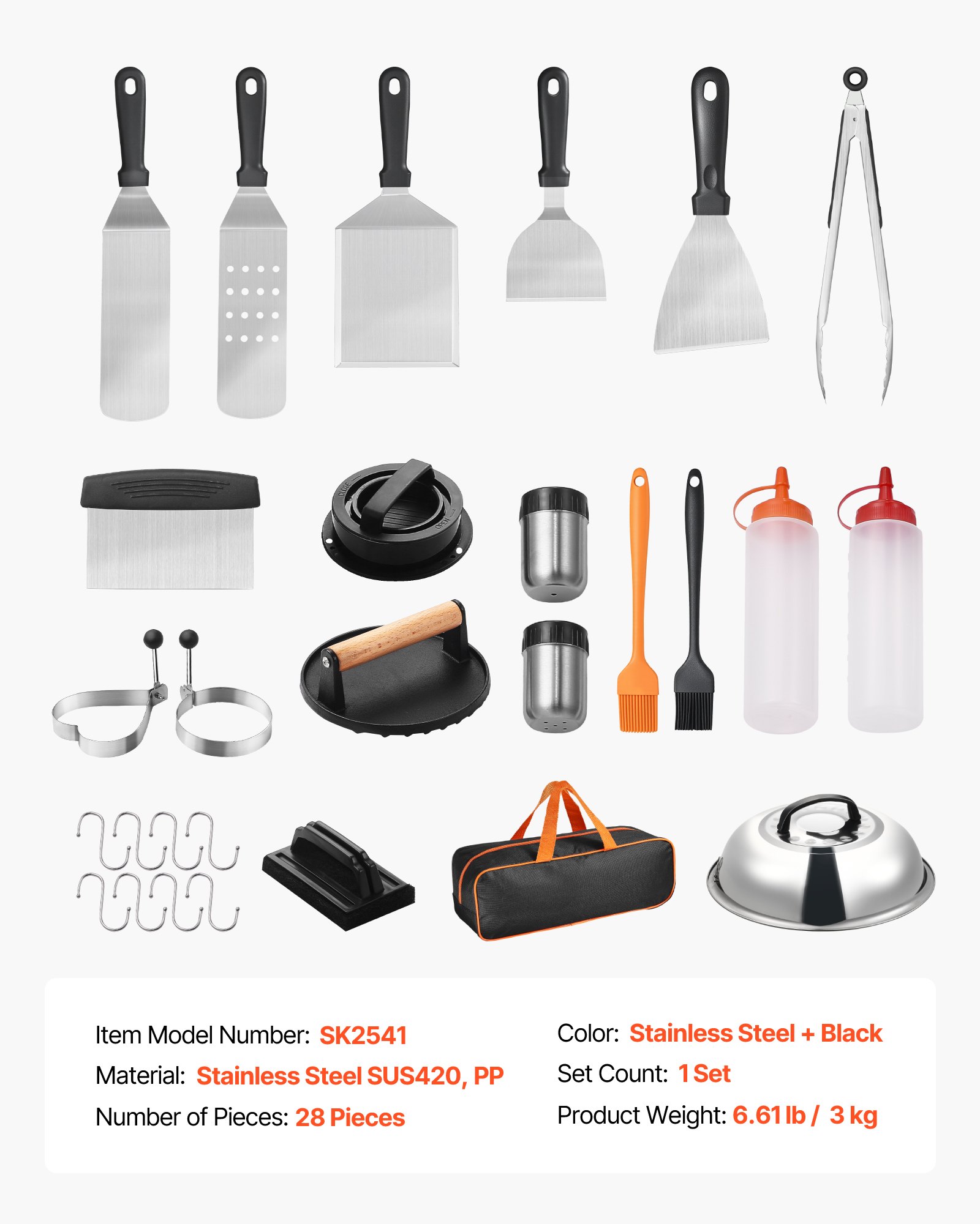VEVOR 28PCS Griddle Accessories Kit, Flat Top Grill Accessory, Enlarged Spatula Gift Set, Stainless Steel Grilling Tools with Basting Cover, Tong, Burger Press, Carry Bag, for Outdoor BBQ Teppanyaki