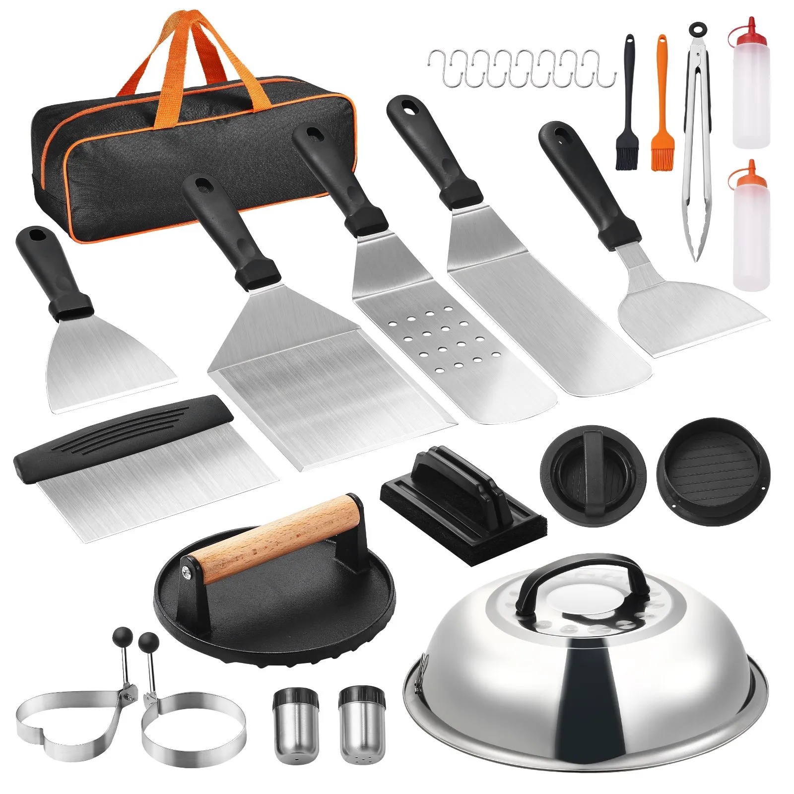 VEVOR 28PCS Griddle Accessories Kit, Flat Top Grill Accessory, Enlarged Spatula Gift Set, Stainless Steel Grilling Tools with Basting Cover, Tong, Burger Press, Carry Bag, for Outdoor BBQ Teppanyaki