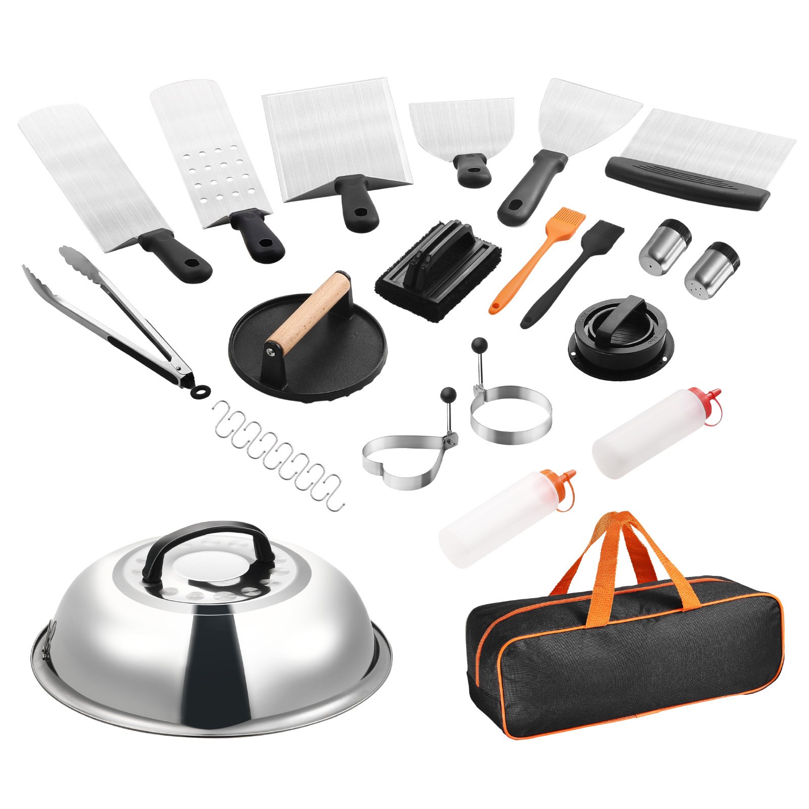 VEVOR 28PCS Griddle Accessories Kit, Flat Top Grill Accessory, Enlarged Spatula Gift Set, Stainless Steel Grilling Tools with Basting Cover, Tong, Burger Press, Carry Bag, for Outdoor BBQ Teppanyaki