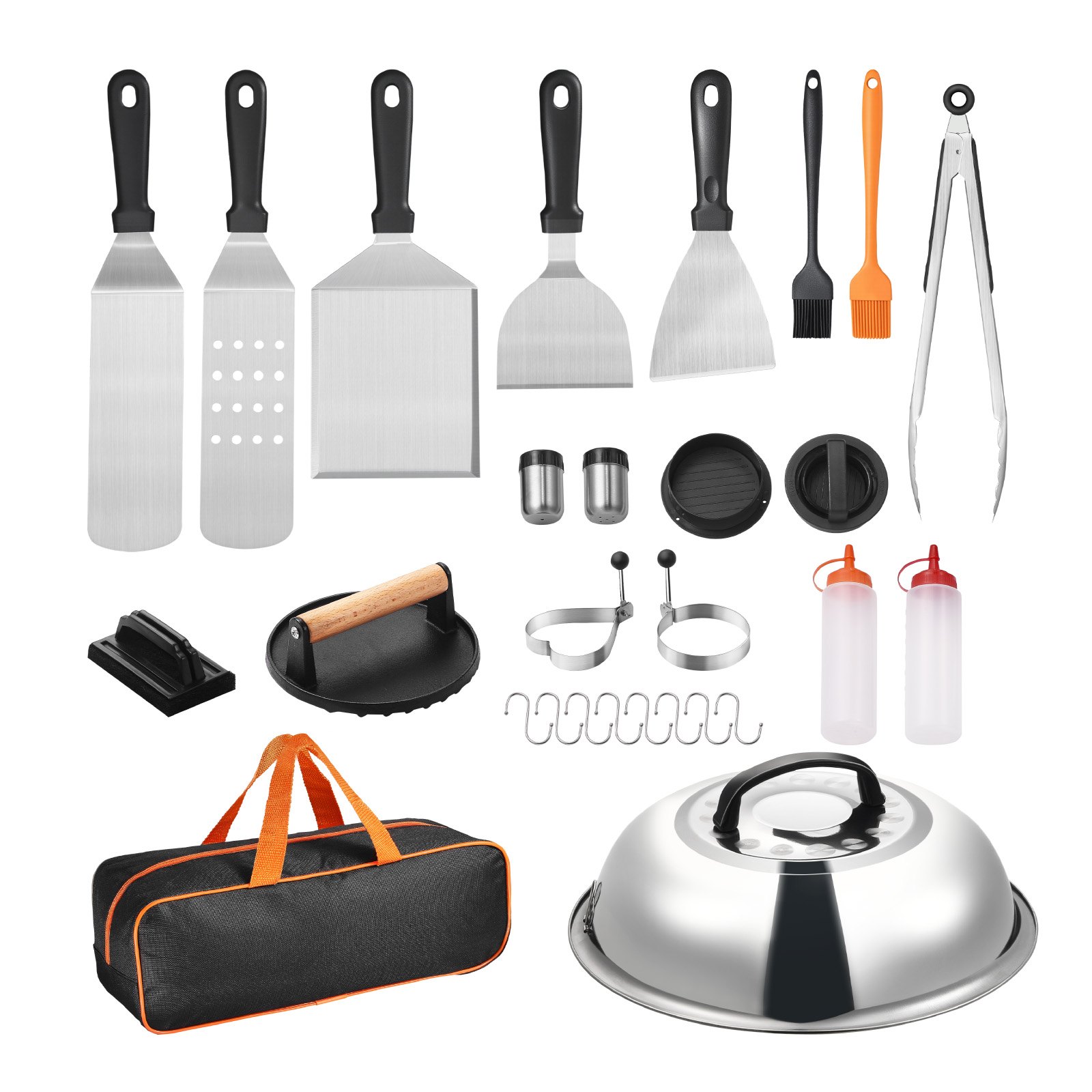VEVOR 28PCS Griddle Accessories Kit, Flat Top Grill Accessory, Enlarged Spatula Gift Set, Stainless Steel Grilling Tools with Basting Cover, Tong, Burger Press, Carry Bag, for Outdoor BBQ Teppanyaki