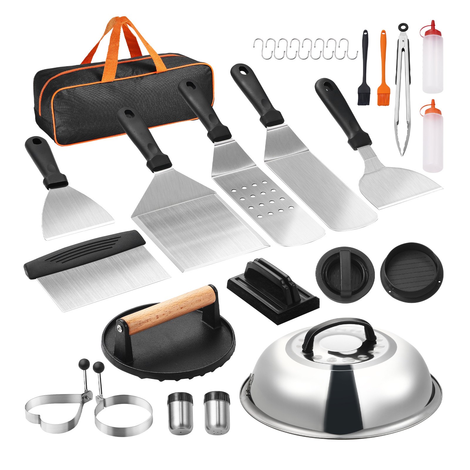VEVOR 28PCS Griddle Accessories Kit, Flat Top Grill Accessory, Enlarged Spatula Gift Set, Stainless Steel Grilling Tools with Basting Cover, Tong, Burger Press, Carry Bag, for Outdoor BBQ Teppanyaki