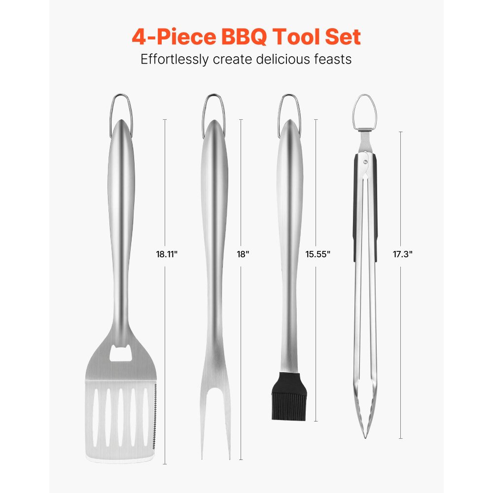 VEVOR Grilling Accessories, 4PCS BBQ Grill Tool Set, Heavy Duty Stainless Steel Barbecue Tools, Kitchen Utensils with Tong, Spatula, Fork, Brush, for Outdoor Grills, Gift for Father Men Husband