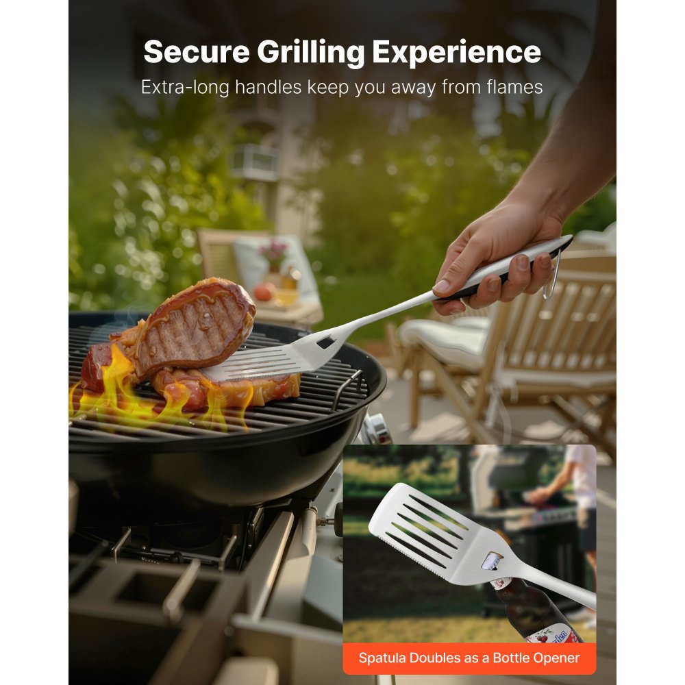VEVOR Grilling Accessories, 4PCS BBQ Grill Tool Set, Heavy Duty Stainless Steel Barbecue Tools, Kitchen Utensils with Tong, Spatula, Fork, Brush, for Outdoor Grills, Gift for Father Men Husband