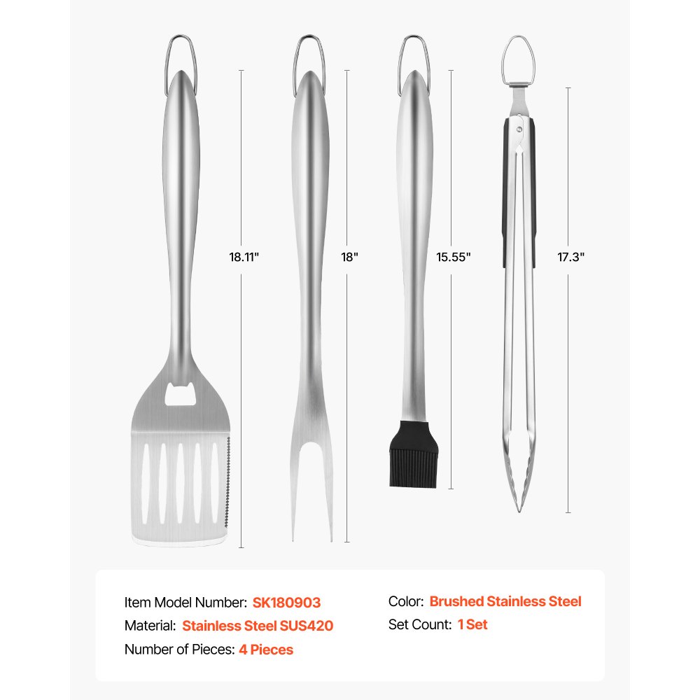VEVOR Grilling Accessories, 4PCS BBQ Grill Tool Set, Heavy Duty Stainless Steel Barbecue Tools, Kitchen Utensils with Tong, Spatula, Fork, Brush, for Outdoor Grills, Gift for Father Men Husband