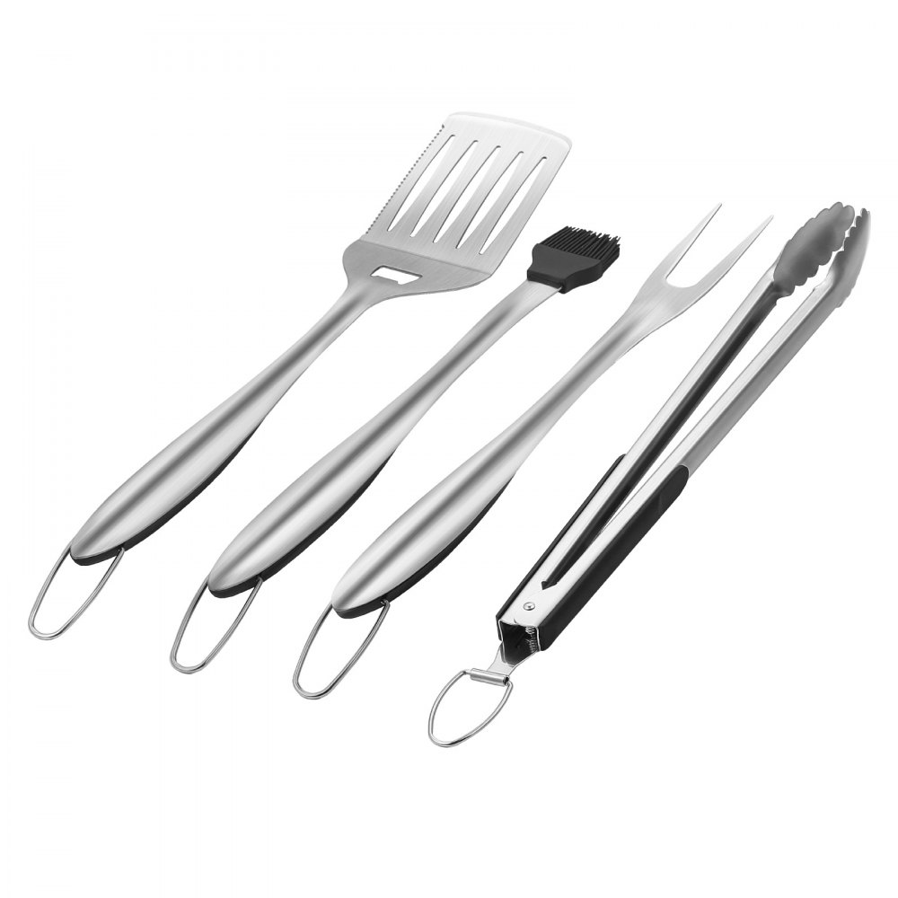 VEVOR Grilling Accessories, 4PCS BBQ Grill Tool Set, Heavy Duty Stainless Steel Barbecue Tools, Kitchen Utensils with Tong, Spatula, Fork, Brush, for Outdoor Grills, Gift for Father Men Husband