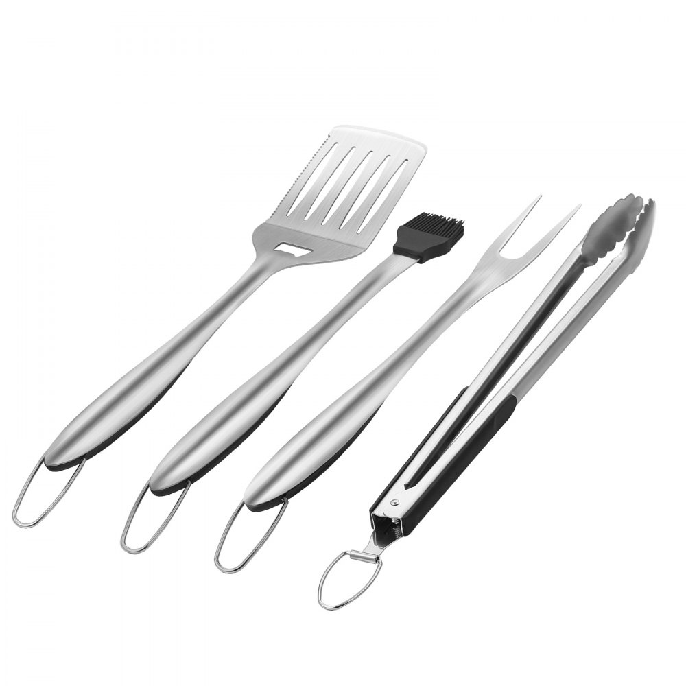 VEVOR Grilling Accessories, 4PCS BBQ Grill Tool Set, Heavy Duty Stainless Steel Barbecue Tools, Kitchen Utensils with Tong, Spatula, Fork, Brush, for Outdoor Grills, Gift for Father Men Husband